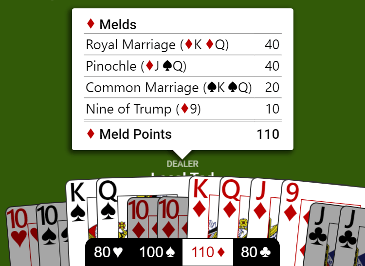 Meld if diamonds were trump shown by clicking “110♦” in the meld summary bar.